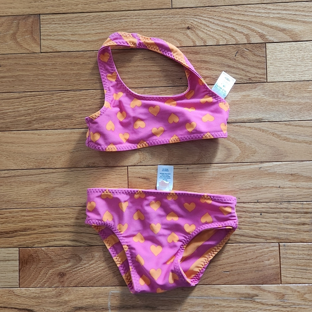 Kids Heart And Stripe Print Reversible bikini